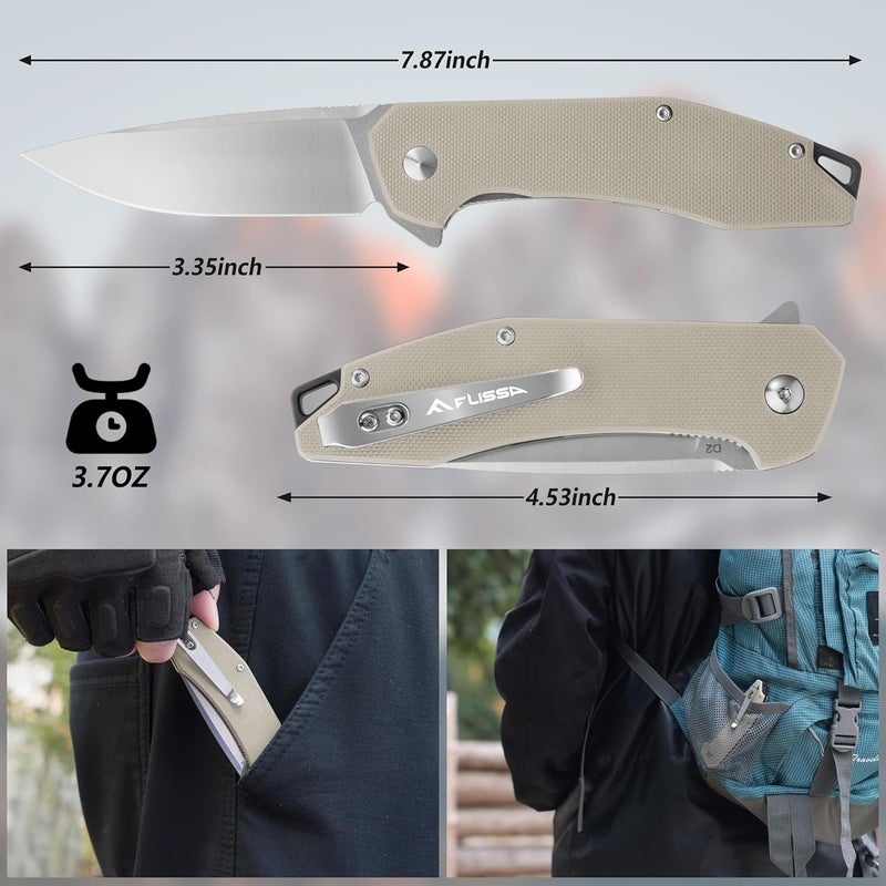 FLISSA Pocket Knife, Folding Tactical Knife with G10 Handle, D2 Blade, Liner Lock, Pocket Clip, EDC Knife for Hiking, Camping, Survival, Indoor and Outdoor Activities(Brown) - Image 5